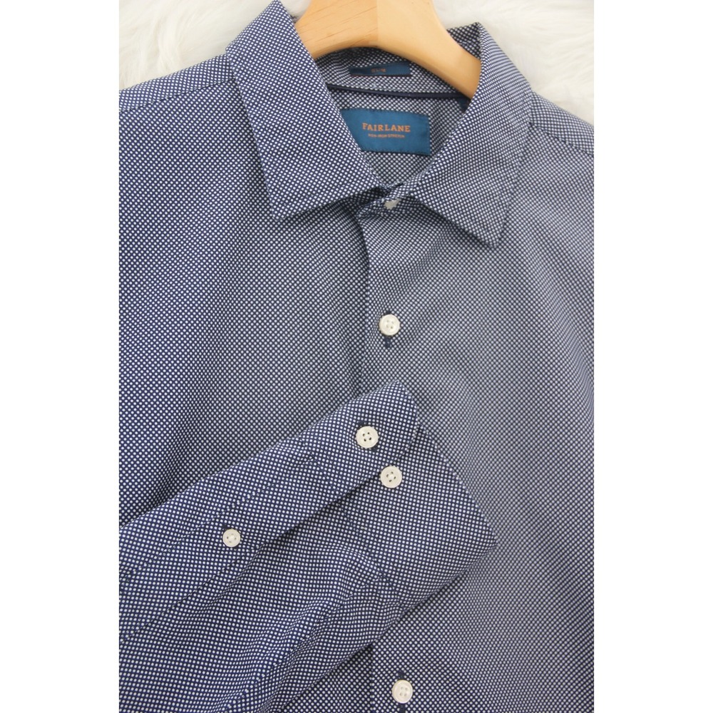 FAIRLANE Button Up Shirt Men's Large Tall Blue Dot Non-Iron Stretch Slim #984